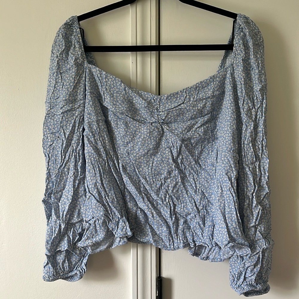 H&M - Puff-Sleeve Blue Floral Crop-top - XXL